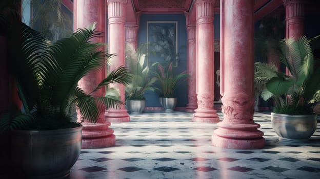 Corridor of pink columns and green plants in vaporwave styled hotel. Generated AI