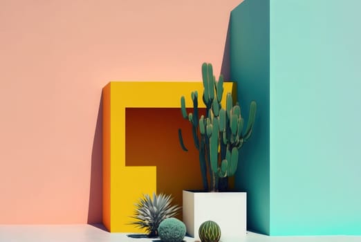 Abstract colorful interior with plants and minimalistic decorations. Vivid colored architectural background. Generated AI