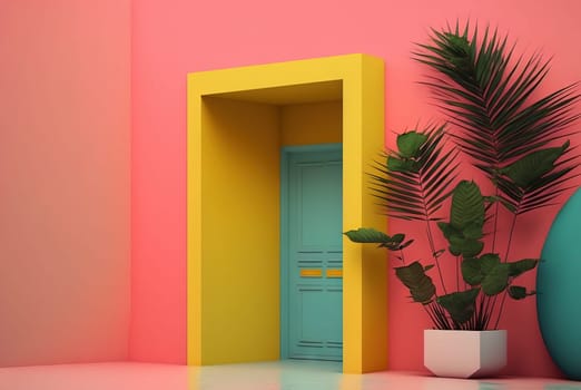 Abstract colorful interior with plants and minimalistic decorations. Vivid colored architectural background. Generated AI