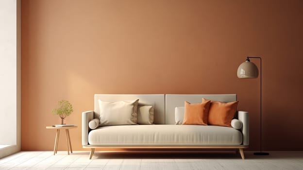 Interior with sofa in modern design. Wide couch in the contemporary room. Generated AI