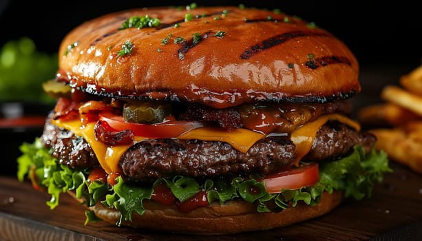 Fresh tasty burger on black background. Shallow dof