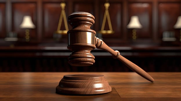 Judge hammer in the court room. Wooden gavel as a symbol of justice. Generated AI