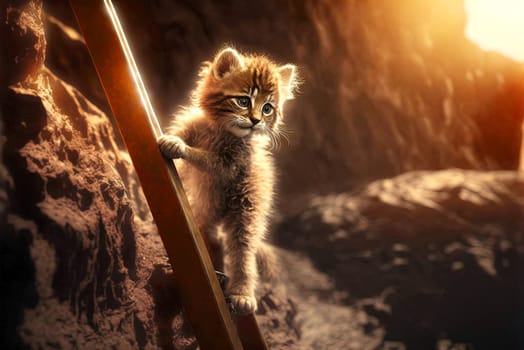 Curious kitten climbing the ladder in the mountains. Cute tiny cat on the stairway. Generated AI
