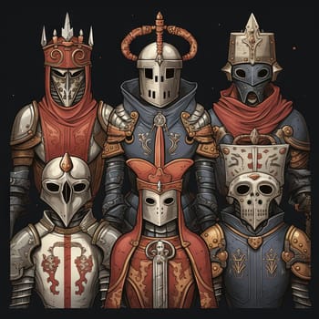 Mystic knight portraits in metal armor. Occult scary knights in medieval alchemy art style