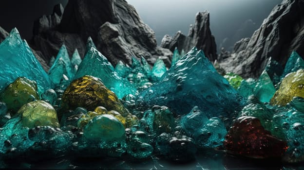 Science fiction landscape with glass mountains. Alien planet with melted glass rocks. Generated AI
