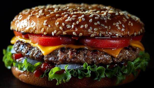 Fresh tasty burger on black background. Shallow dof