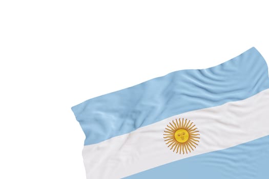 Realistic flag of Argentina with folds, isolated on white background. Footer, corner design element. Cut out. Perfect for patriotic themes or national event promotions. Empty, copy space. 3D render