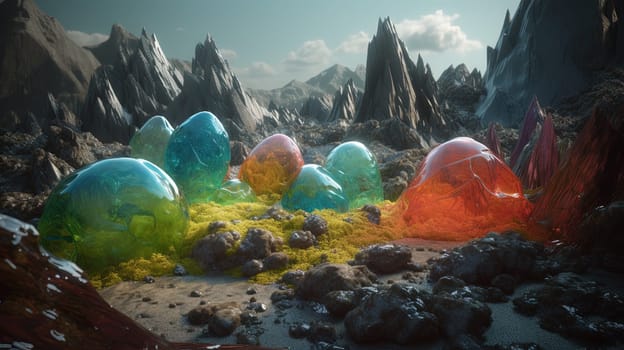 Science fiction landscape with glass mountains. Alien planet with melted glass rocks. Generated AI