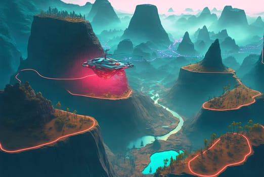 Scenic view of a fantasy island with neon city in the mountain landscape. Generated AI