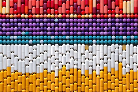 Background with pills and capsules ordered in rows or pattern. Medical drug or dietary supplement concept. Generated AI