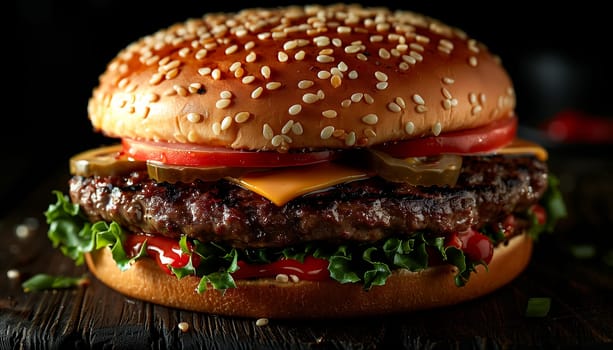 Fresh tasty burger on black background. Shallow dof