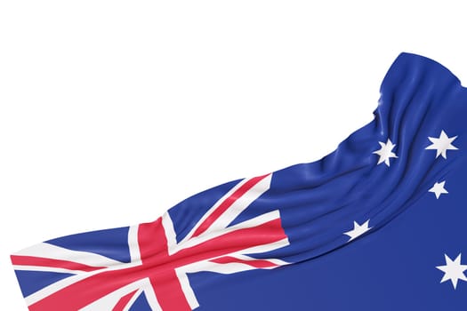 Realistic flag of Australia with folds, isolated on white background. Footer, corner design element. Cut out. Perfect for patriotic themes or national event promotions. Empty, copy space. 3D render