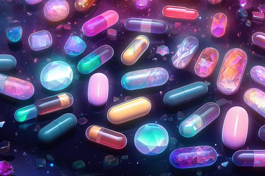 Background with pills and capsules in neon blue and purple colors. Medical drug or dietary supplement concept. Generated AI