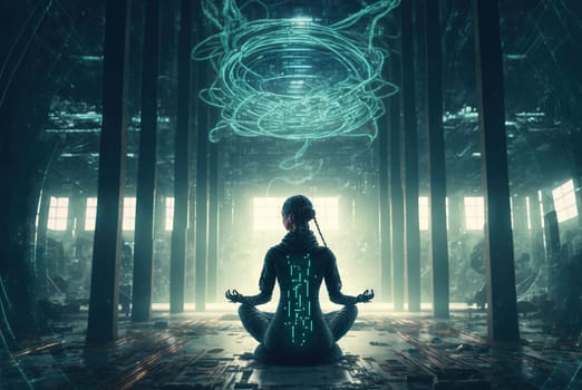 Digital era woman meditating in neon wires, with consciousness connected to the world via technological structure. Generated AI