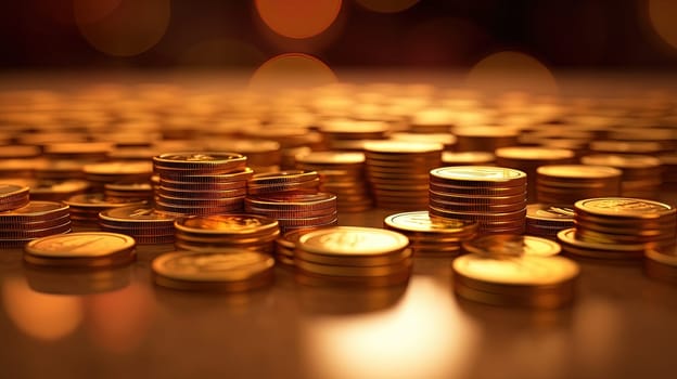 Money concept background with stacks of golden coins. Finance abstract with yellow coins. Generated AI