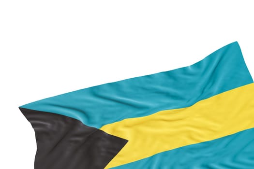 Realistic flag of Bahamas with folds, isolated on white background. Footer, corner design element. Cut out. Perfect for patriotic themes or national event promotions. Empty, copy space. 3D render