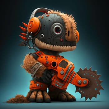 Funny and spooky figure of monster with a chainsaw. Crazy lumberjack mascot. Generative AI