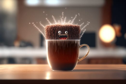 Coffee monster with crazy eyes. Cute character with caffeine energy, very excited. Generated AI
