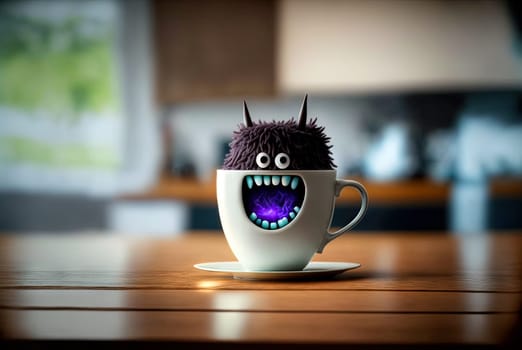 Coffee monster with crazy eyes. Cute character with caffeine energy, very excited. Generated AI