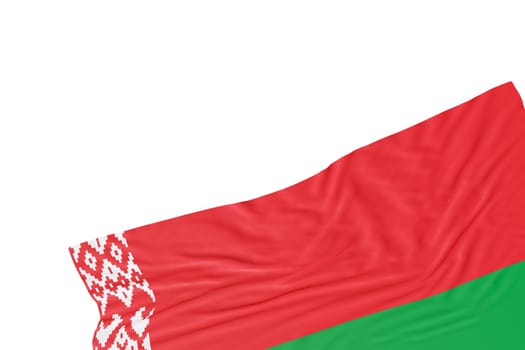 Realistic flag of Belarus with folds, isolated on white background. Footer, corner design element. Cut out. Perfect for patriotic themes or national event promotions. Empty, copy space. 3D render
