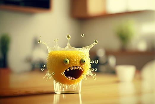 Funny monster juice. Cute glass of juice character with splashing fresh beverage. Generated AI
