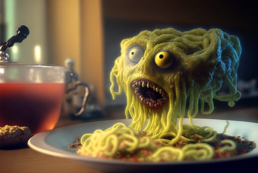 Funny monster spaghetti. Cute pasta, noodle or ramen character with crazy funny face. Generated AI