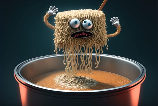 Funny monster spaghetti. Cute pasta, noodle or ramen character with crazy funny face. Generated AI