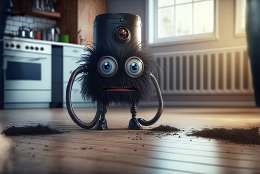 Vacuum cleaner cute and funny monster in the room. Dustsucker mascot character. Generated AI