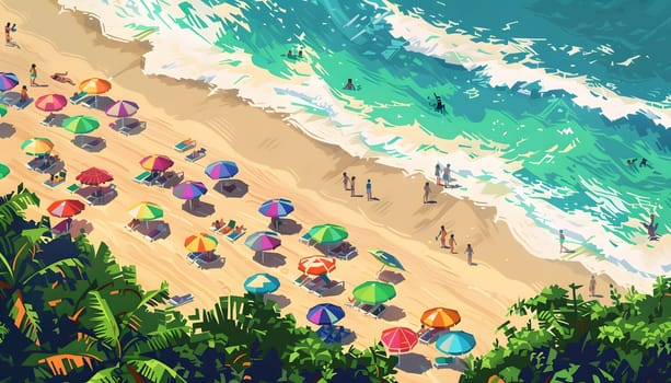 An aerial view of a sandy beach with colorful umbrellas and people enjoying the sun by the water. A beautiful natural landscape and art biome event