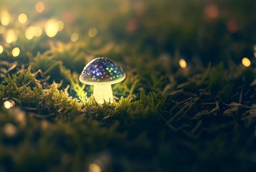 Mystery mushroom on the bump. Fairytale background with mystic mushroom. Generated AI