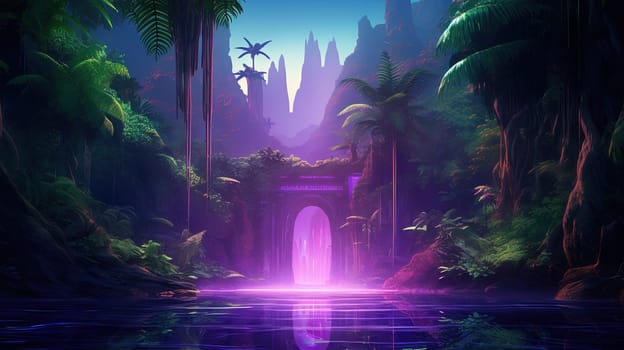 Mysterious door in the jungle. Neon colored scene with magic portal in the woods. Magic gate. Generated AI