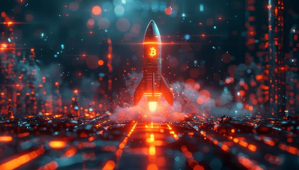 A rocket is flying through a city with a bright orange trail behind it by AI generated image.