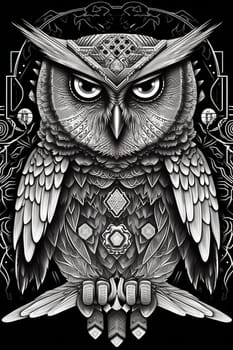Wild owl with mystic design elements. Occult wise bird black and white symbol in vintage style. Generated AI.