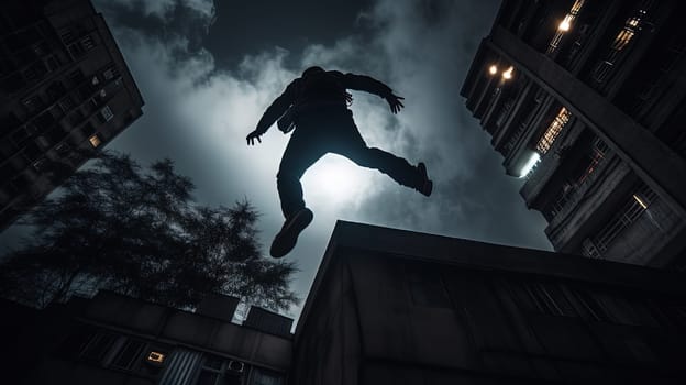 Young man jumps from the roof. Parkour or base jumping trick of an action stuntman. Generated AI