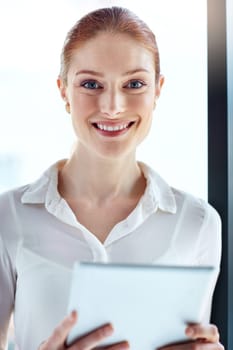 Business, woman and portrait with tablet in office for corporate research, communication and happy. Professional, employee and tech with smile for networking, online information and project planning.
