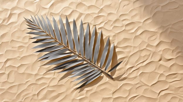 Plam leaf on the tropical beach sand. Vacation and relaxation concept with dry palm leaf on the hot summer beach. Generated AI