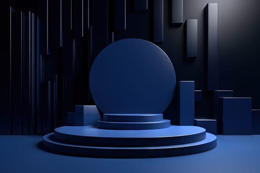 Dark blue pedestal in black room with geometric shapes. Podium for product showcase. Generated AI
