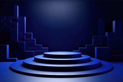 Dark blue pedestal in black room with geometric shapes. Podium for product showcase. Generated AI