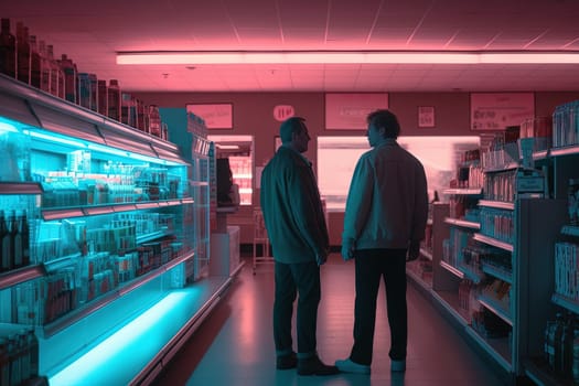 Family of father and son looking cool in 80s styled synthwave store. People in supermarket. Generated AI