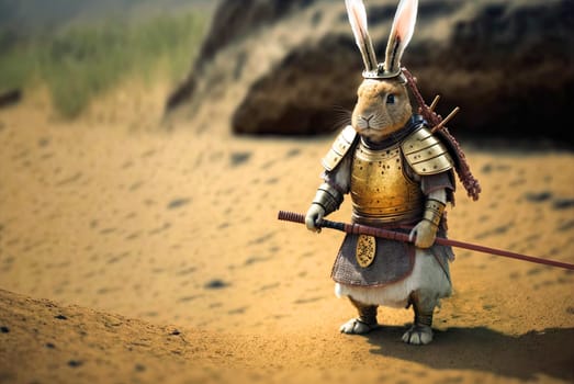 Rabbit samurai in traditional drawing style. Japanese styled art with hare warrior in kimono. Generated AI