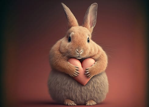 Cute fluffy rabbit hugging red heart. Valentine's Day greetings from romantic bunny holding heart. Generative AI