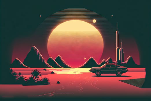 Retro styled sci-fi landscape with mountains. Retro futuristic science fiction illustration in drawing style with alien sun. Generated AI