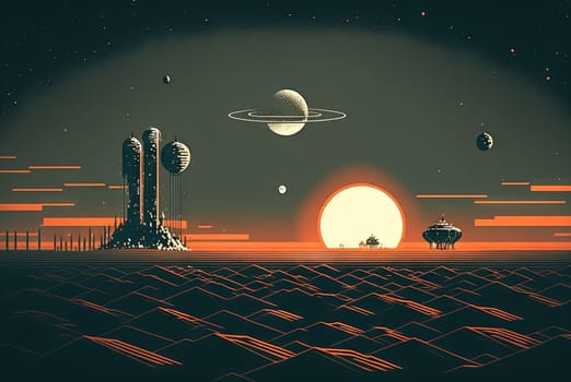 Retro styled sci-fi landscape with mountains. Retro futuristic science fiction illustration in drawing style with alien sun. Generated AI