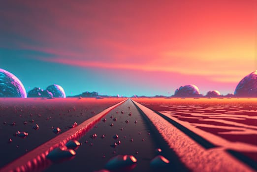 Road to the horizon concept with synthwave colors. Abstract background with surreal night way in 80s style. Generated AI