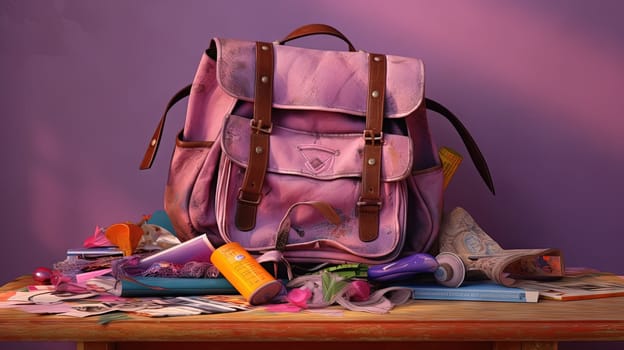 School backpack with colorful learning supplies. Back to school concept. Generated AI