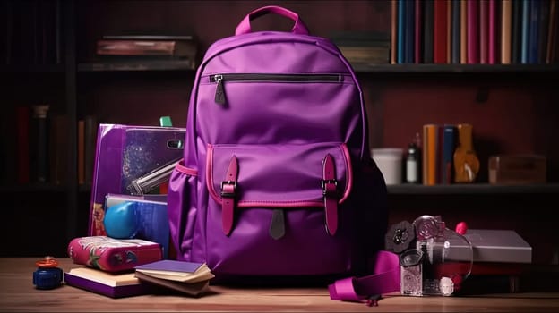 School backpack with colorful learning supplies. Back to school concept. Generated AI