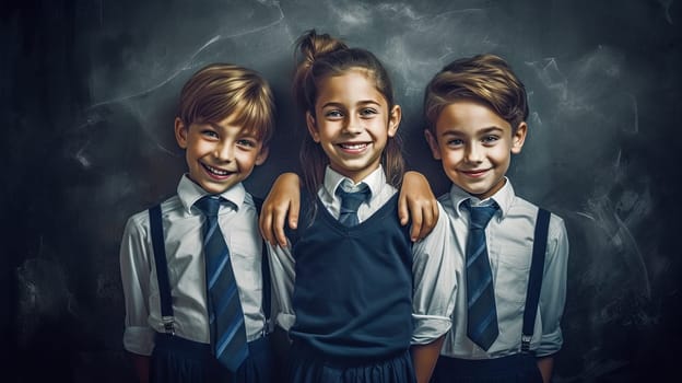 School pupil, boy and girl standing in front of black board. School children couple. Generated AI