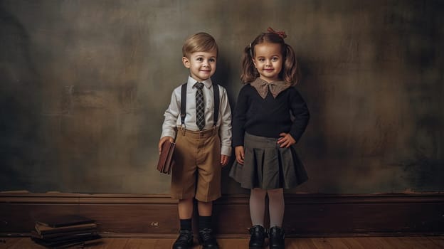 School pupil, boy and girl standing in front of black board. School children couple. Generated AI