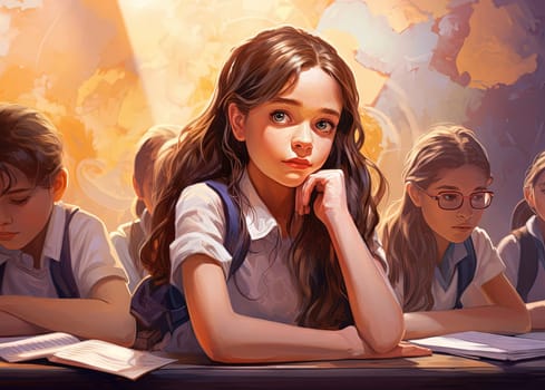 Young girl sits in a school classroom, surrounded by her peers. Drawn schoolgirl studying at a table in a classroom. Generated AI