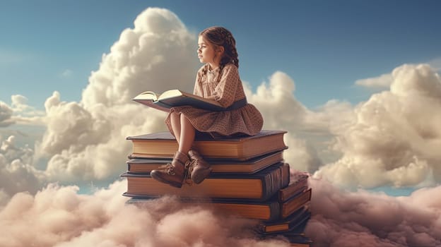 Schoolgirl reads the book in the sky, flying in her dreams and fantasies. Learning concept with little girl in the world of education. Generated AI